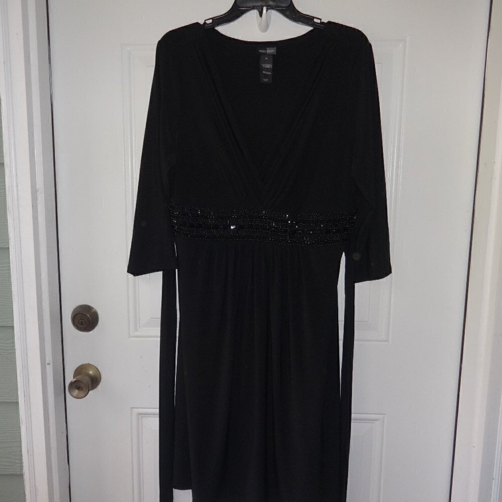 Bisou Bisou black dress size 16, beaded waist, deep  v neck, stretch, tie back,